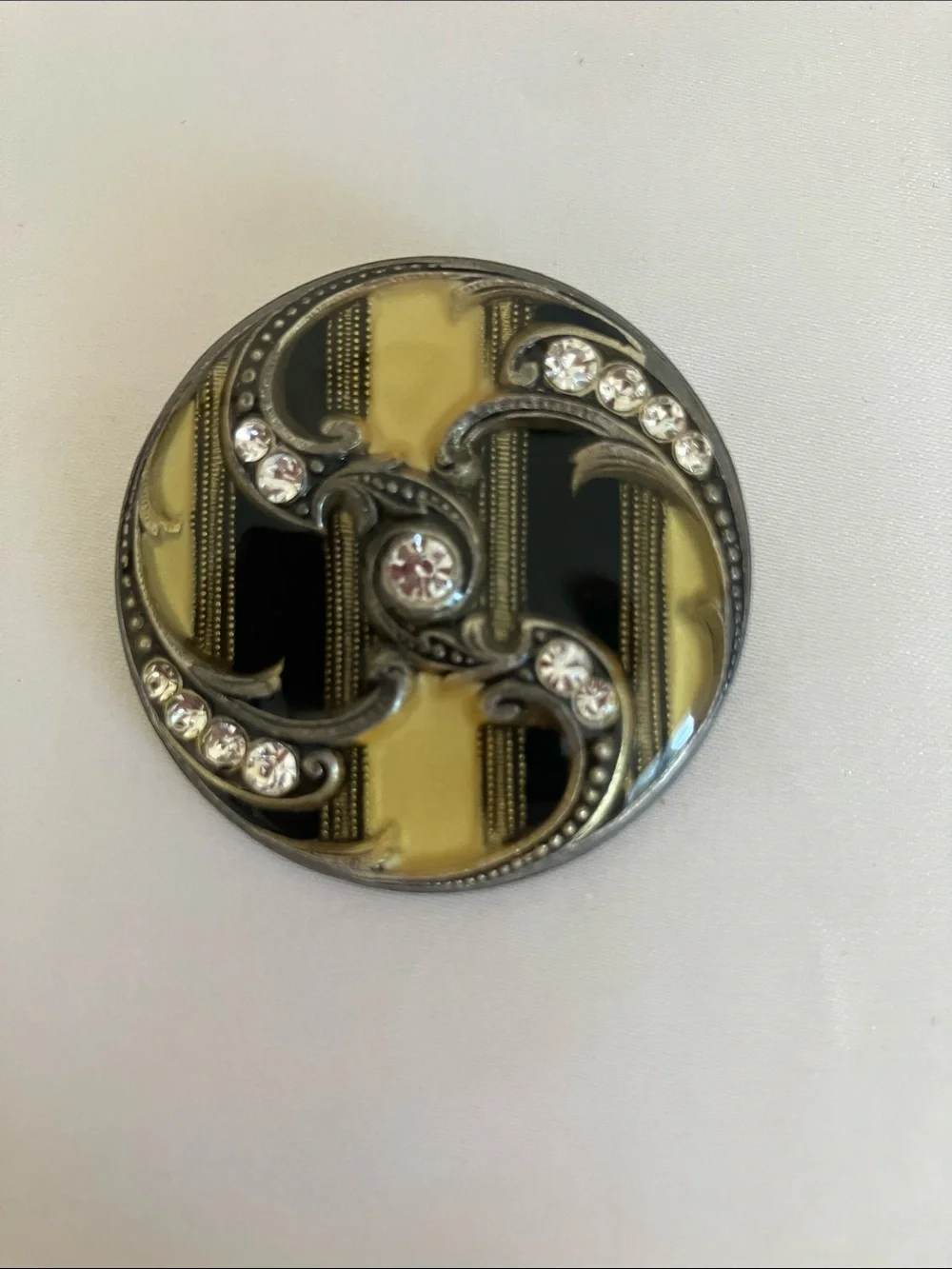 Catherine Popesco France Black and Cream Enamel Crystal Swirl Brooch